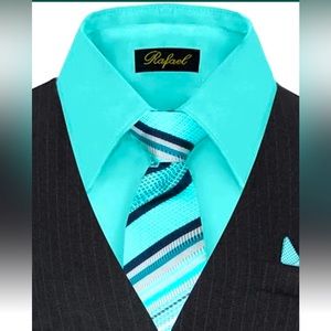 NWT: RAFAEL BOYS SHORT SLEEVE DRESS SHIRT & TIE - SIZE 14 - COLOR- HAWAIIAN BLUE